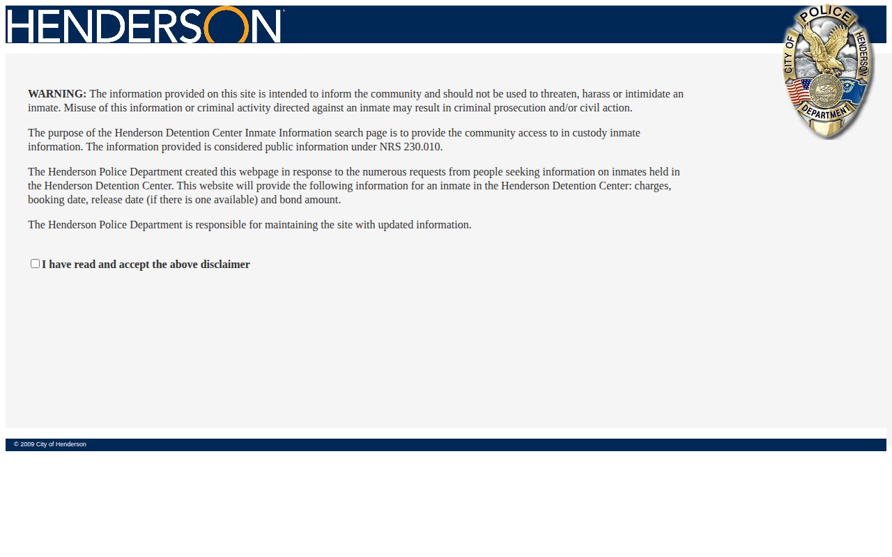 Henderson Detention Center inmate-information portal for current custody records